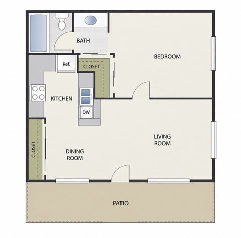Floor plan for 1 bed, 1 bath, 495 sqft